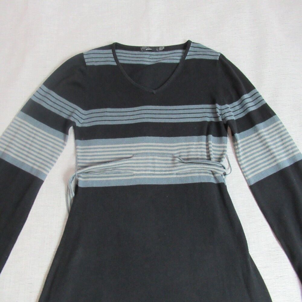 Vintage Prana Sweater Dress Women L Black Gray Striped Long Sleeve Preppy Knit - Picture 3 of 10